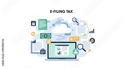 E-Filing Tax Digital System with Cloud Data Security and Financial Documents Illustration