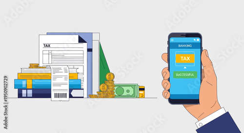 Online Tax Payment via Mobile Banking App with Documents and Money Illustration