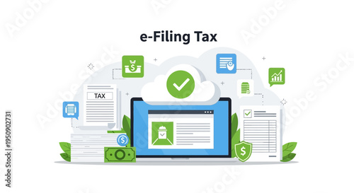 E-Filing Tax Online with Cloud System Security and Financial Documents Illustration