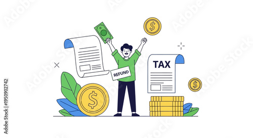 Tax Day Refund Concept Illustration with Money Coins and Documents
