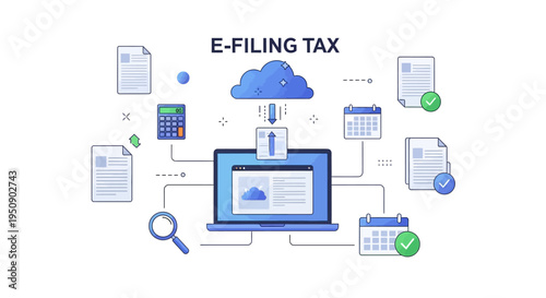 E-Filing Tax Online System with Documents Cloud and Laptop Illustration