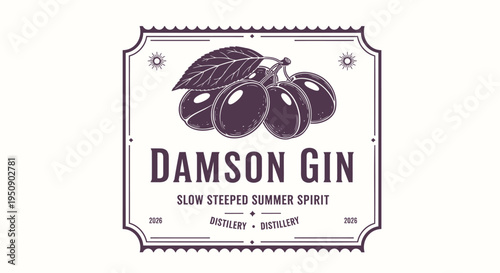 Vector label for Damson Gin, purple illustration with text