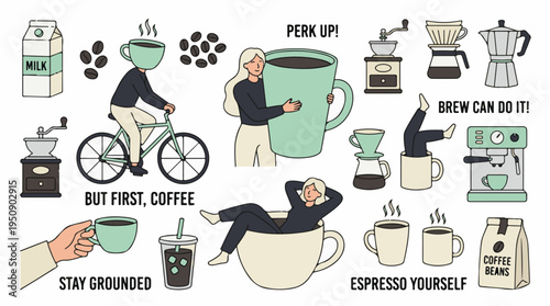 Collection of coffee-themed cartoon illustrations with drinks and brewing tools