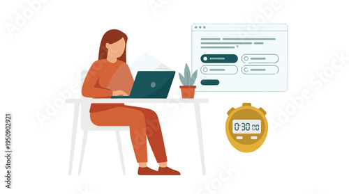 Woman taking an online exam or survey on laptop with a stopwatch timer
