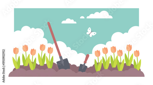 Minimalist illustration of spring garden with flowers and shovels