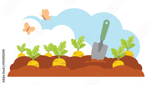 Spring gardening illustration with growing vegetables and a shovel