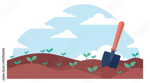 Gardening scene with shovel in soil and young plant sprouts under cloudy sky
