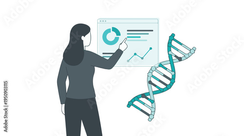 Scientist analyzing DNA and genetic data with charts on a digital screen
