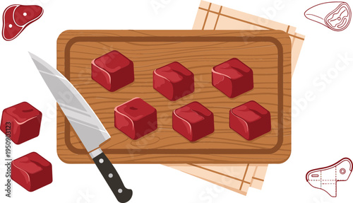 Raw Beef Cubes on Wooden Cutting Board with Chef Knife Fresh Red Meat Preparation Cooking Ingredients Vector Illustration