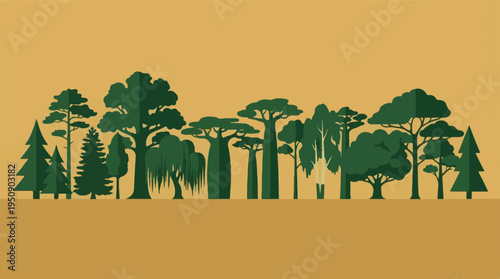 Diverse tree species silhouettes in a flat design style