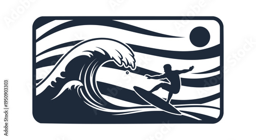 Vector surfing icon with wave and sun