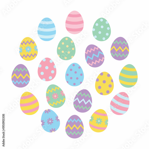 Vibrant collection of pastel Easter eggs adorned with festive patterns, perfect for spring holiday celebrations and decorative designs on a clean white background