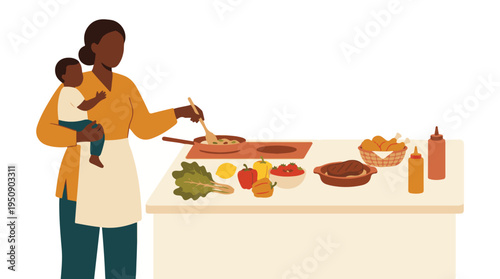 African American mother cooking and holding baby in a minimalist kitchen