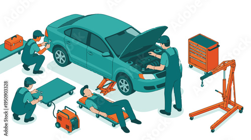 Professional mechanics working on vehicle maintenance in an auto workshop