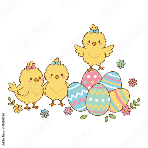 Adorable fluffy yellow chicks celebrating springtime with a vibrant pile of cheerfully decorated Easter eggs, surrounded by blooming flowers, embodying joy and new beginnings