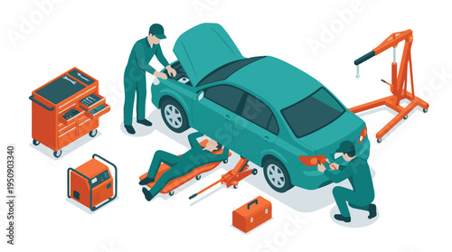 Isometric Car Repair Service with Mechanics and Automotive Tools