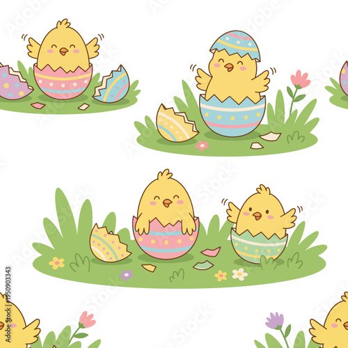 Charming Seamless Pattern Featuring Adorable Chicks Hatching from Colorful Easter Eggs Amidst Grassy Fields with Delicate Flowers