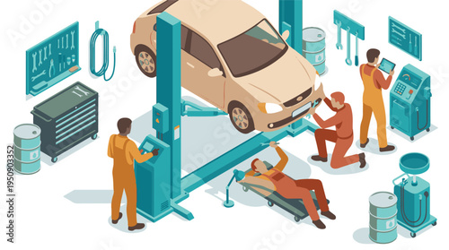 Professional car service and maintenance workshop with mechanics