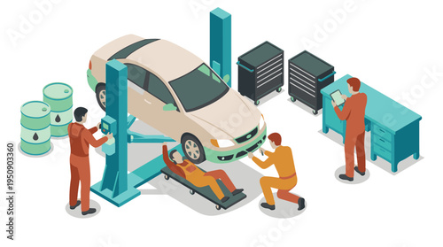 Auto repair service with mechanics working on vehicle in workshop