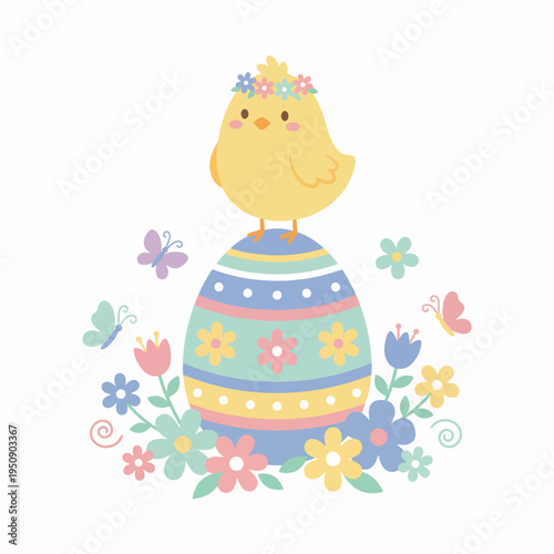 Cute Easter chick wearing a flower crown perched on a decorated Easter egg, surrounded by butterflies and spring flowers, celebrating Easter