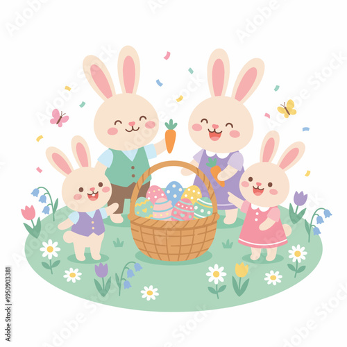 Happy Easter bunny family in a grassy field decorated with colorful eggs and butterflies, celebrating the spring holiday