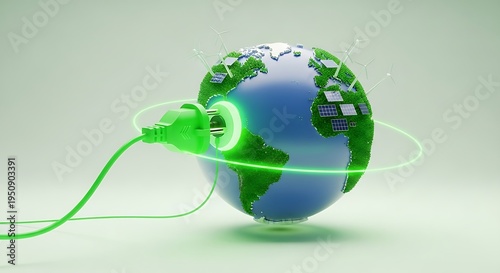 A green electrical plug connected to a globe with solar panels, symbolizing global renewable energy and sustainability.