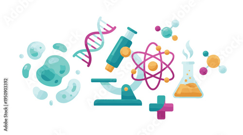 Modern Science and Research Concept with DNA, Microscope, Atom Elements