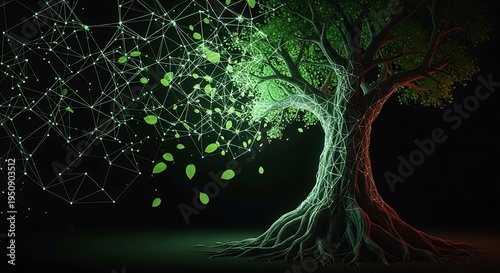 A glowing tree with interconnected network patterns and floating leaves against a dark background
