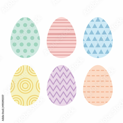 Set of six unique easter eggs with pastel patterns, each with its own distinct design, perfect for holiday decorations