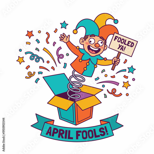 A Cheerful Jack-in-the-Box Character Pops Out with a "Fooled Ya!" Sign, Celebrating April Fools' Day with Confetti and a Banner