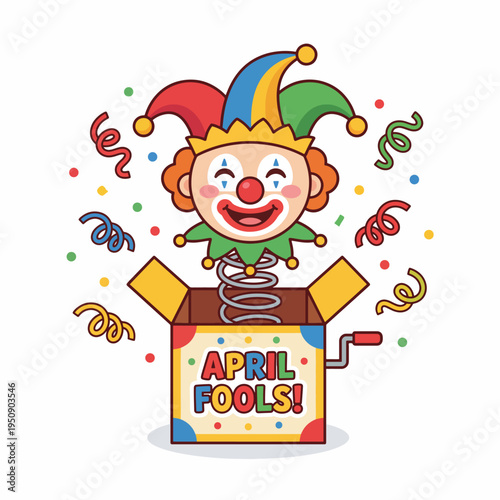 Happy April Fools' Day illustration with a surprised clown popping out of a jack-in-the-box with confetti and streamers
