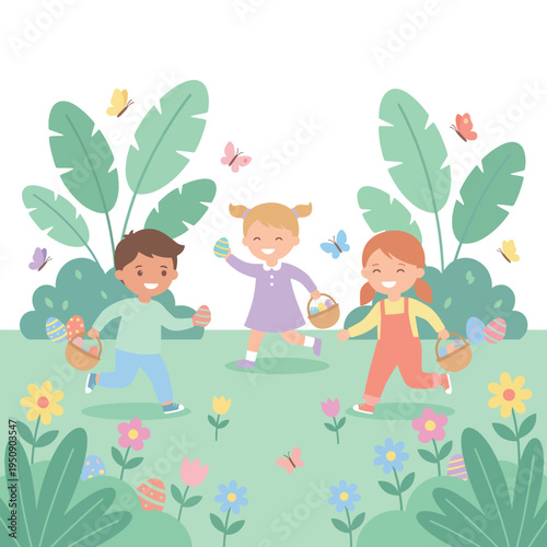 Joyful children embark on an exciting Easter egg hunt adventure in a vibrant spring garden, surrounded by colorful blossoms and fluttering butterflies, creating cherished holiday memories