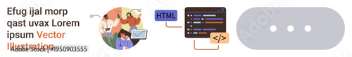 Web development, collaboration, coding, teamwork, UI design, software projects. Scene shows a team working on a project alongside code snippets and HTML tags. Web development and collaboration