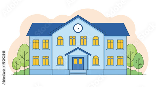 Education institution building with a clock, glowing windows and trees