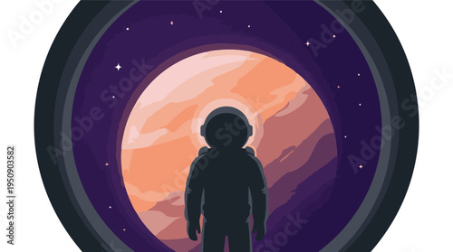 Silhouette of an astronaut gazing at a glowing planet in deep space