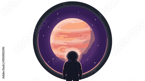 Astronaut observes a large gas giant planet through a circular window in space