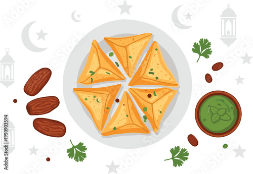 Indian Samosa Platter with Dates, Green Chutney and Spices Traditional Ramadan Iftar Snack Arrangement Vector Illustration