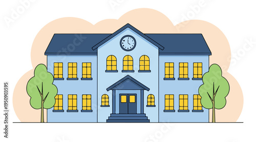 Modern school building exterior with trees and clock in flat design style