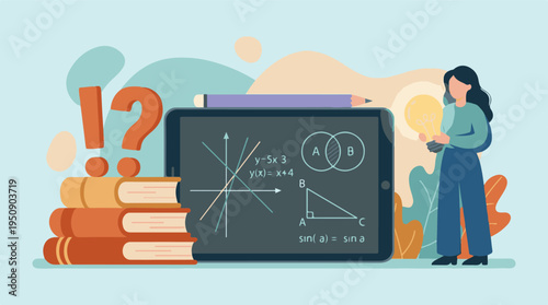 Digital Math Learning Concept with Books, Tablet, and Idea Lightbulb