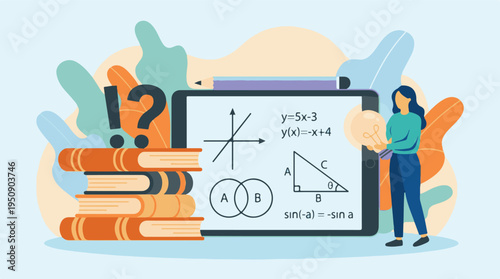 Student solving math problems digitally with tablet, books, and creative ideas