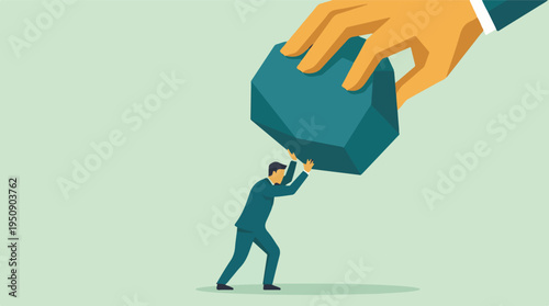 Businessman struggling under heavy burden pushed by giant hand illustration