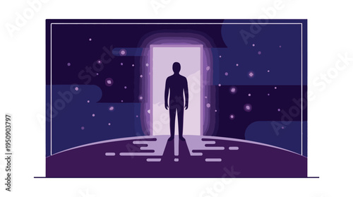 Human silhouette standing before a glowing portal in a cosmic landscape