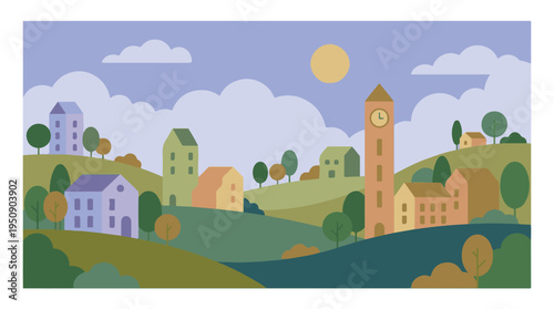 Minimalist flat design illustration of a charming town on rolling hills