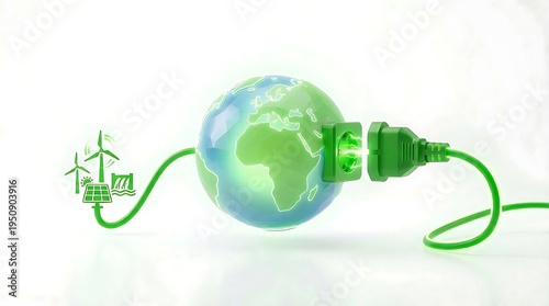 Earth-shaped light bulb connected to green energy sources with plug and cable