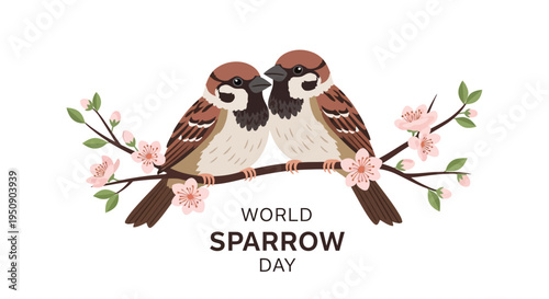 Illustration of two house sparrows perched on a blooming branch with pink flowers, celebrating World Sparrow Day with a conservation theme.