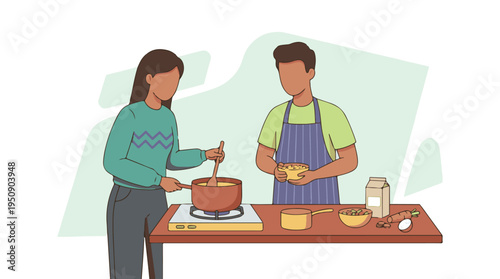 Couple cooking a healthy meal together in a modern kitchen illustration