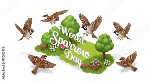 Illustration of flying house sparrows around trees and flowers on World Sparrow Day with a green landscape and pink blooms against a white background.