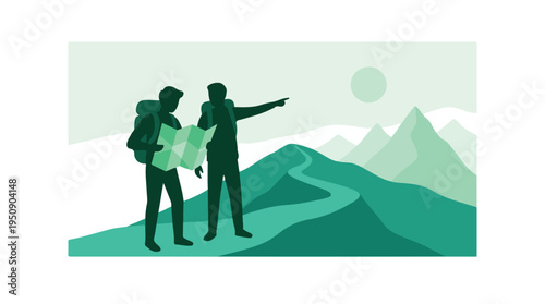 Minimalist illustration of two hikers with map navigating mountain trail