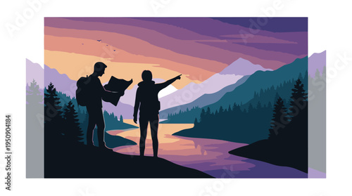 Hikers with map exploring a mountain river landscape at sunset
