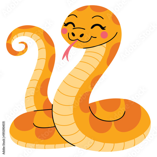 Flat vector illustration in simple childrens style featuring cute kind snake on white background, friendly reptile character design